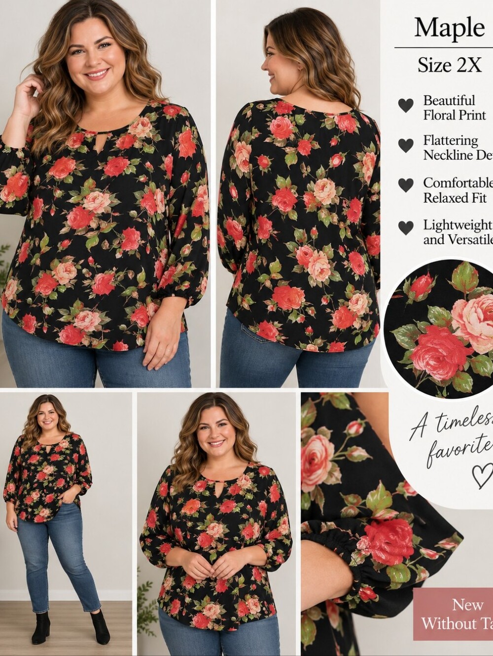 Women's 2X NWOT Black Floral Blouse